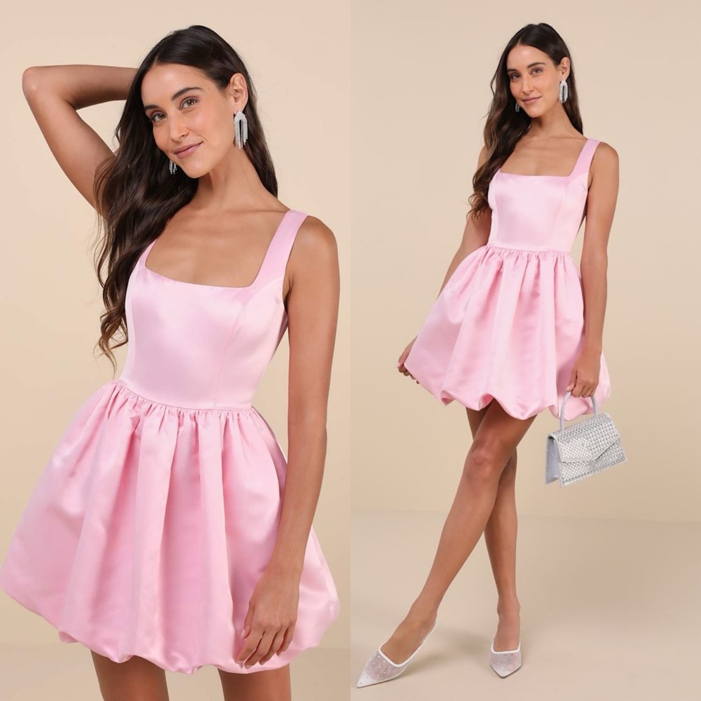 Lulus Regal Cutie Light Pink Satin Square Neck Bubble-Hem Mini Dress